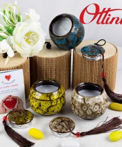 Candelina Ceramica Raku con Scatola Bambù Cuorematto D6664